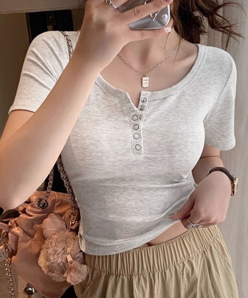 ReRe(リリ)の「ヘンリーネック半袖リブTシャツ レディース(Tシャツ/カットソー・レディース・ブラック/ホワイト/グレー・X-LARGE/LARGE/MEDIUM)」の13枚目の写真