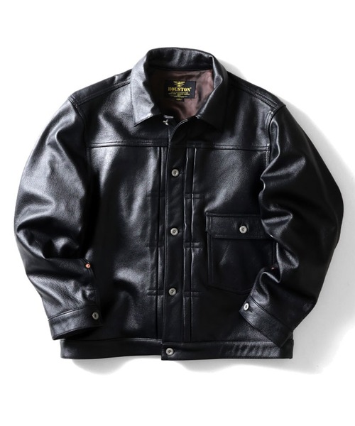 HOUSTON（ヒューストン）の「HOUSTON ヒューストン COW LEATHER TRACK JACKET カウレザー トラックジャケット（ブルゾン・メンズ・ブラック/ブラウン・42/40/38）」の3枚目の写真
