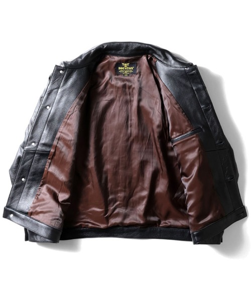 HOUSTON（ヒューストン）の「HOUSTON ヒューストン COW LEATHER TRACK JACKET カウレザー トラックジャケット（ブルゾン・メンズ・ブラック/ブラウン・42/40/38）」の4枚目の写真