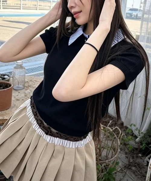 Girly Doll(ガーリードール)の「ストライプシャツドッキングポロニット(ニット/セーター・レディース・ブラック/ホワイト/グレー・FREE)」の1枚目の写真
