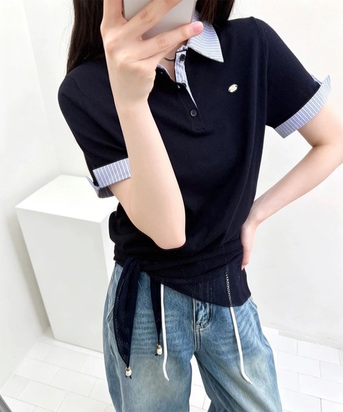 Girly Doll(ガーリードール)の「ストライプシャツドッキングポロニット(ニット/セーター・レディース・ブラック/ホワイト/グレー・FREE)」の5枚目の写真