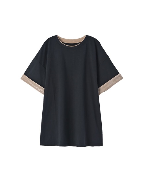 STYLE DELI(スタイルデリ)の「【BLK001】天竺×ベロア袖口配色プルオーバー(Tシャツ/カットソー・レディース・ブラック/オフホワイト・FREE)」の20枚目の写真