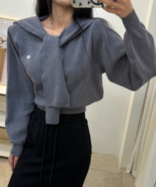 AMAJI（アマジ）の「セーラーカラー 切替 ニットトップス（ニット/セーター・レディース・ホワイト/ブラック/ネイビー/グレー・FREE）」の5枚目の写真