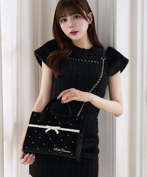 Belle Charme（ベルシャルム）の「【Belle Charme】Velour Quilted Ribbon Mini Tote（ハンドバッグ・レディース・ピンク/オフホワイト/ブラック・FREE）」の2枚目の写真