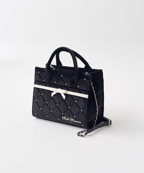 Belle Charme（ベルシャルム）の「【Belle Charme】Velour Quilted Ribbon Mini Tote（ハンドバッグ・レディース・ピンク/オフホワイト/ブラック・FREE）」の4枚目の写真