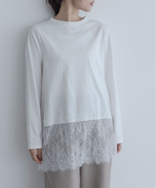 maviru（マヴィル）の「一枚でも、重ねても頼れる。裾レース レイヤード カットソー ロングTシャツ（Tシャツ/カットソー・レディース・ブラック/オフホワイト・M）」の8枚目の写真