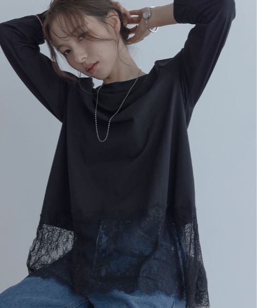 maviru（マヴィル）の「一枚でも、重ねても頼れる。裾レース レイヤード カットソー ロングTシャツ（Tシャツ/カットソー・レディース・ブラック/オフホワイト・M）」の14枚目の写真