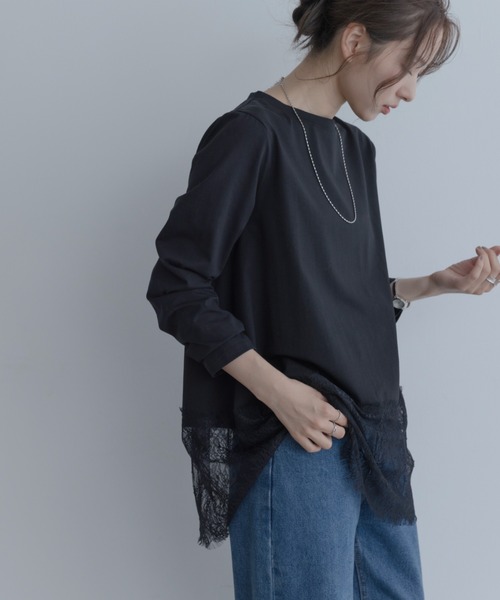 maviru（マヴィル）の「一枚でも、重ねても頼れる。裾レース レイヤード カットソー ロングTシャツ（Tシャツ/カットソー・レディース・ブラック/オフホワイト・M）」の9枚目の写真