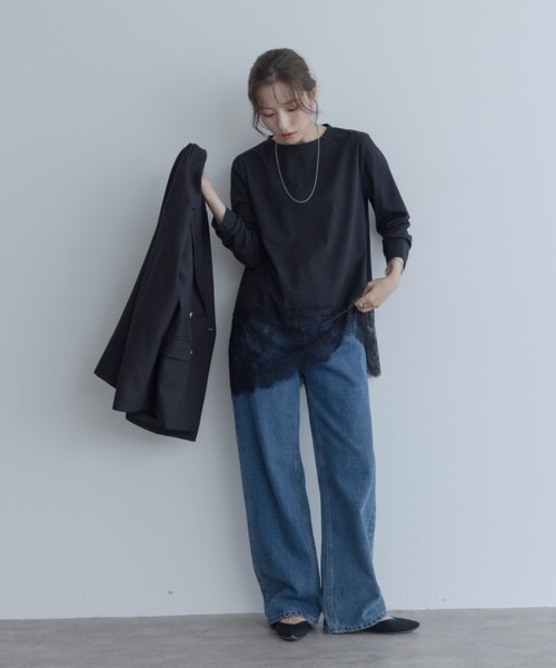 maviru（マヴィル）の「一枚でも、重ねても頼れる。裾レース レイヤード カットソー ロングTシャツ（Tシャツ/カットソー・レディース・ブラック/オフホワイト・M）」の10枚目の写真