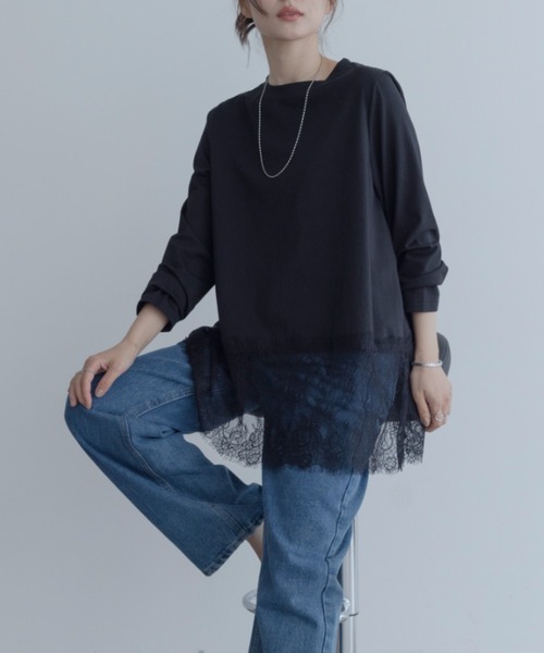 maviru（マヴィル）の「一枚でも、重ねても頼れる。裾レース レイヤード カットソー ロングTシャツ（Tシャツ/カットソー・レディース・ブラック/オフホワイト・M）」の17枚目の写真