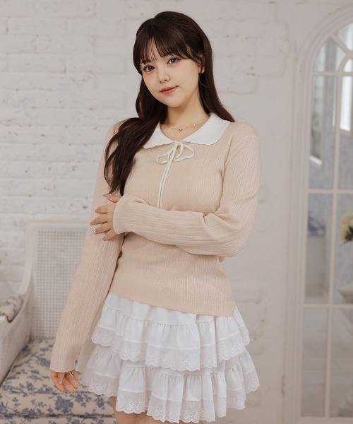 Anely(アネリー)の「スカラップ襟 透かし柄 長袖 ニット トップス(ニット/セーター・レディース・グレー/ピンク/アイボリー・FREE)」の1枚目の写真