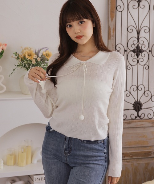 Anely(アネリー)の「スカラップ襟 透かし柄 長袖 ニット トップス(ニット/セーター・レディース・グレー/ピンク/アイボリー・FREE)」の2枚目の写真