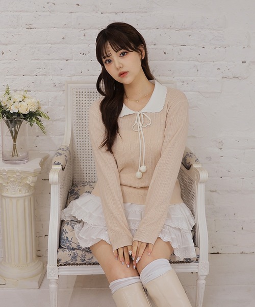 Anely(アネリー)の「スカラップ襟 透かし柄 長袖 ニット トップス(ニット/セーター・レディース・グレー/ピンク/アイボリー・FREE)」の18枚目の写真