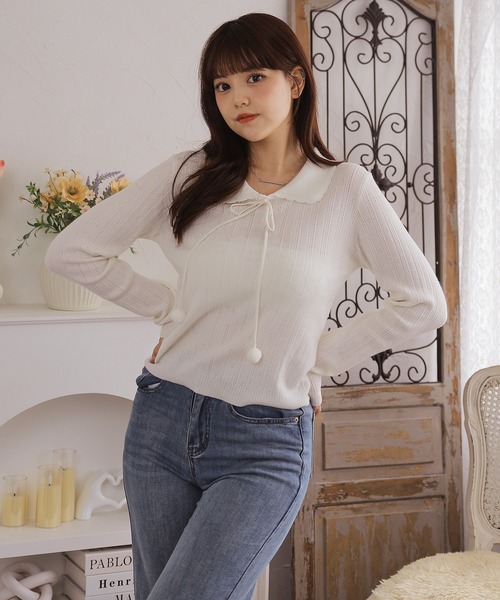 Anely(アネリー)の「スカラップ襟 透かし柄 長袖 ニット トップス(ニット/セーター・レディース・グレー/ピンク/アイボリー・FREE)」の17枚目の写真