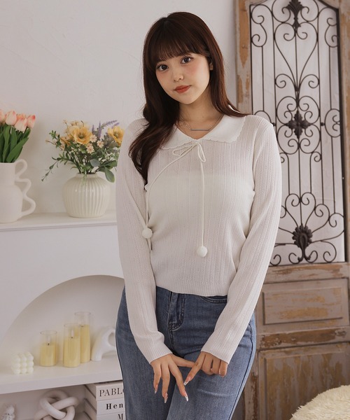 Anely(アネリー)の「スカラップ襟 透かし柄 長袖 ニット トップス(ニット/セーター・レディース・グレー/ピンク/アイボリー・FREE)」の14枚目の写真