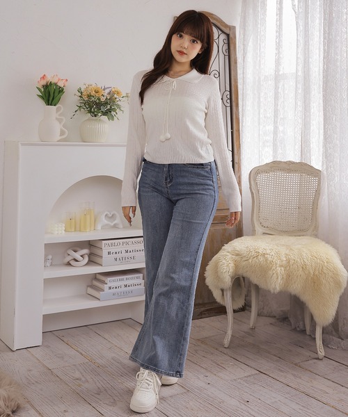 Anely(アネリー)の「スカラップ襟 透かし柄 長袖 ニット トップス(ニット/セーター・レディース・グレー/ピンク/アイボリー・FREE)」の8枚目の写真
