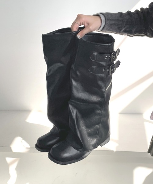 Shoes in Closet（シューズインクローゼット）の「【予約開始】ダブルベルト ルーズ カバーブーツ 497WB（ブーツ・レディース・ベージュ/ブラック・S/LL/L/M）」の9枚目の写真