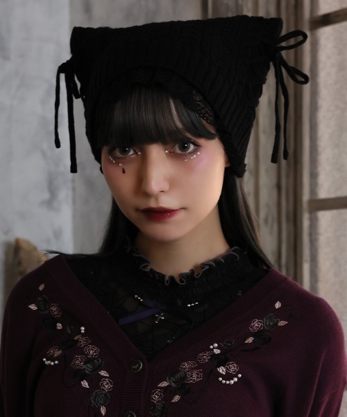 axes femme(アクシーズファム)の「ネコ耳風レースニット帽(ハット・レディース・キナリ/ブラック・FREE)」の1枚目の写真