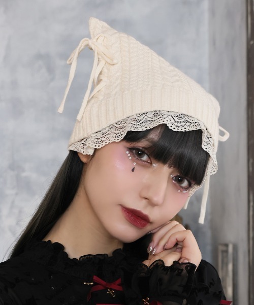 axes femme(アクシーズファム)の「ネコ耳風レースニット帽(ハット・レディース・キナリ/ブラック・FREE)」の3枚目の写真