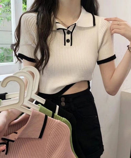 L LABEL(エルラベル)の「バイカラーリブニットポロシャツ(ポロシャツ・レディース・ブラック/ホワイト/ピンク/グリーン・FREE)」の5枚目の写真