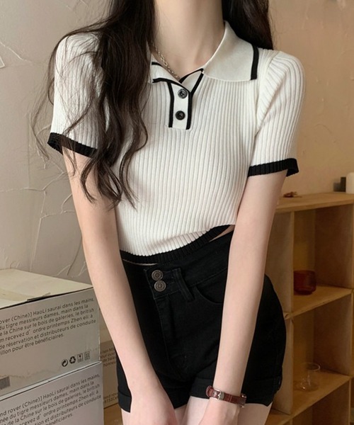 L LABEL(エルラベル)の「バイカラーリブニットポロシャツ(ポロシャツ・レディース・ブラック/ホワイト/ピンク/グリーン・FREE)」の10枚目の写真