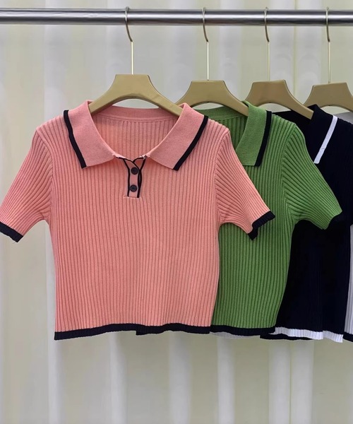 L LABEL(エルラベル)の「バイカラーリブニットポロシャツ(ポロシャツ・レディース・ブラック/ホワイト/ピンク/グリーン・FREE)」の13枚目の写真