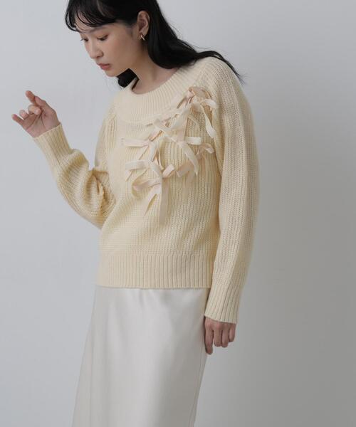 N.（N. Natural Beauty Basic）（エヌエヌナチュラルビューティーベーシック）の「リボントリムニット（ニット/セーター・レディース・ホワイト系その他/グレー系その他/ブラウン系その他・FREE）」の2枚目の写真