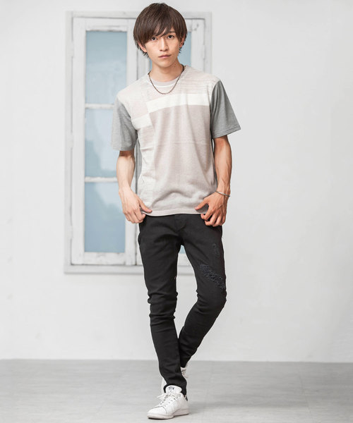 MinoriTY(マイノリティ)の「スラブ天竺×ニットブロッキングT(Tシャツ/カットソー・メンズ・ホワイト/ネイビー/グレー・M/L)」の4枚目の写真