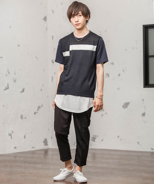 MinoriTY(マイノリティ)の「スラブ天竺×ニットブロッキングT(Tシャツ/カットソー・メンズ・ホワイト/ネイビー/グレー・M/L)」の6枚目の写真