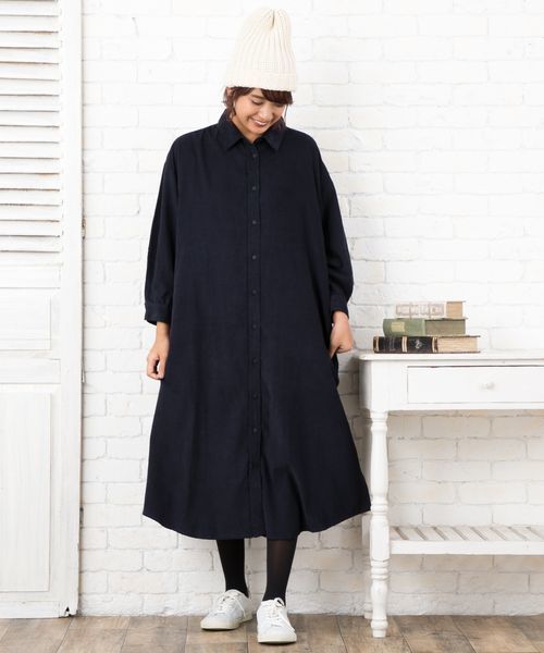 かぐれ　ロングシャツワンピース　コーデュロイ マキシ丈　黒　ビッグシルエット　F かぐれ ロングシャツワンピース コーデュロイ マキシ丈 黒 ビッグ