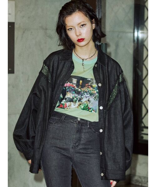 jouetie（ジュエティ）の「フラワーフィルム BIG Tシャツ（Tシャツ/カットソー・レディース・オフホワイト/ブラック/グリーン・MEDIUM）」の18枚目の写真