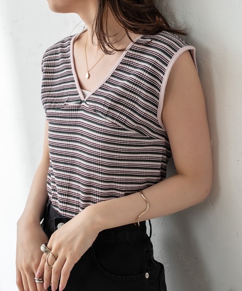 mystic（ミスティック）の「マルチボーダーフレンチプルオーバー（Tシャツ/カットソー・レディース・ブラック/ブラウン/ピンク/グリーン・FREE）」の4枚目の写真