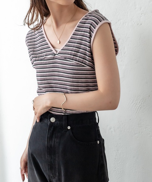 mystic（ミスティック）の「マルチボーダーフレンチプルオーバー（Tシャツ/カットソー・レディース・ブラック/ブラウン/ピンク/グリーン・FREE）」の7枚目の写真