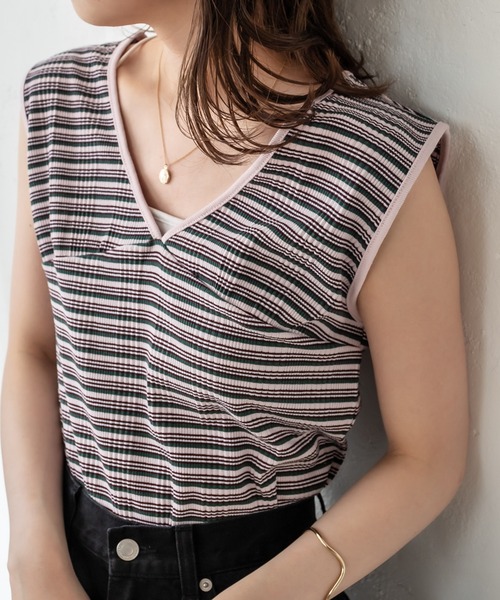 mystic（ミスティック）の「マルチボーダーフレンチプルオーバー（Tシャツ/カットソー・レディース・ブラック/ブラウン/ピンク/グリーン・FREE）」の8枚目の写真