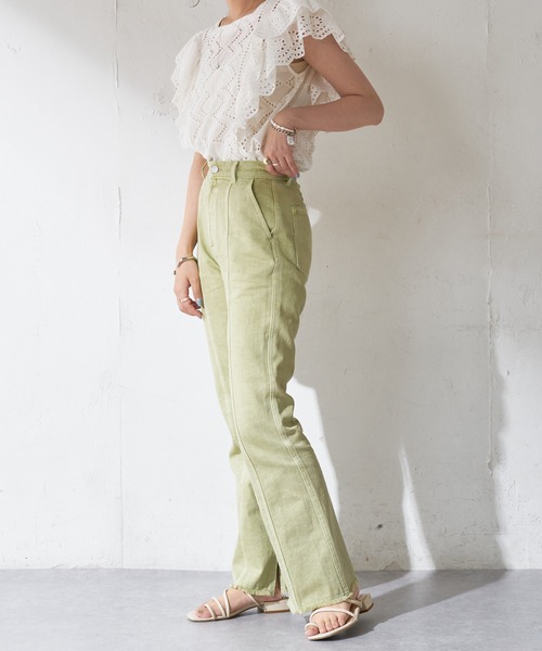 DISCOAT（ディスコート）の「カラーツイル切替スリットフレアパンツ（その他パンツ・レディース・グリーン/オレンジ・MEDIUM/LARGE）」の3枚目の写真