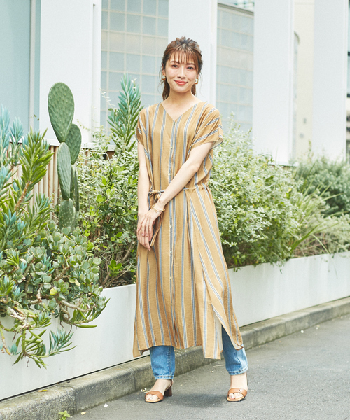 abahouse mavie（アバハウスマヴィ）の「ecru　2WAYストライプ＆シアーシャツワンピース（ワンピース・レディース・モスグリーン/ブラック/ベージュ・フリー）」の6枚目の写真