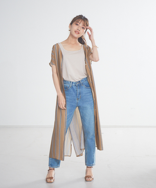 abahouse mavie（アバハウスマヴィ）の「ecru　2WAYストライプ＆シアーシャツワンピース（ワンピース・レディース・モスグリーン/ブラック/ベージュ・フリー）」の8枚目の写真