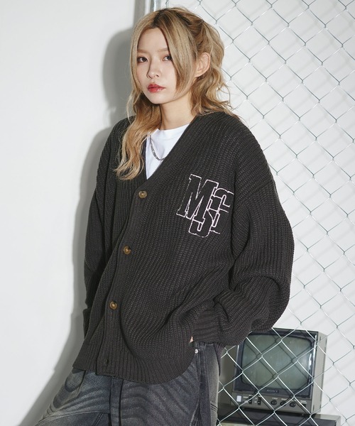 セール】サガラ刺繍ワッペン畦編み ルーズシルエットカーディガン