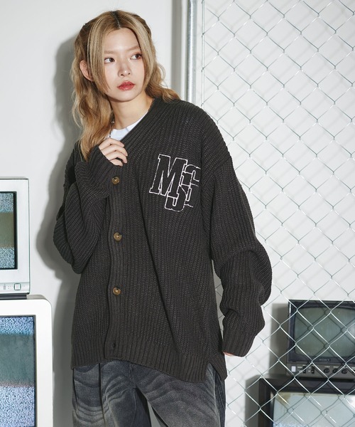 セール】サガラ刺繍ワッペン畦編み ルーズシルエットカーディガン