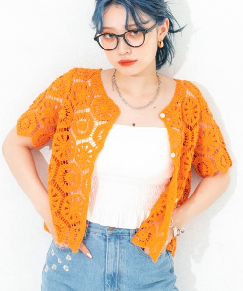 nemne store(ネンネストア)の「クロシェ編み半袖カーディガン(カーディガン/ボレロ・レディース・ブラック/オレンジ/アイボリー・フリー)」の3枚目の写真