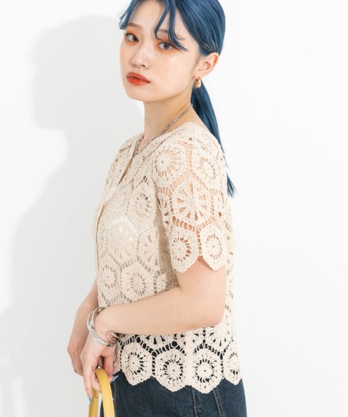 セール】クロシェ編み半袖カーディガン（カーディガン/ボレロ）｜nemne