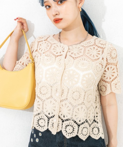 nemne store(ネンネストア)の「クロシェ編み半袖カーディガン(カーディガン/ボレロ・レディース・ブラック/オレンジ/アイボリー・フリー)」の6枚目の写真