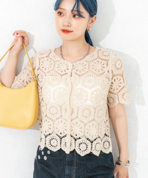 nemne store(ネンネストア)の「クロシェ編み半袖カーディガン(カーディガン/ボレロ・レディース・ブラック/オレンジ/アイボリー・フリー)」の7枚目の写真