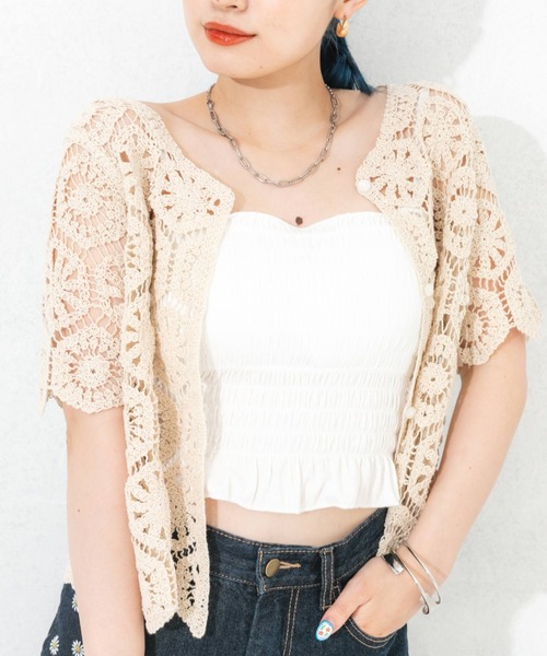 セール】クロシェ編み半袖カーディガン（カーディガン/ボレロ）｜nemne