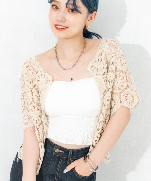 nemne store(ネンネストア)の「クロシェ編み半袖カーディガン(カーディガン/ボレロ・レディース・ブラック/オレンジ/アイボリー・フリー)」の5枚目の写真