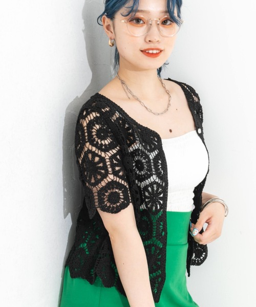 nemne store(ネンネストア)の「クロシェ編み半袖カーディガン(カーディガン/ボレロ・レディース・ブラック/オレンジ/アイボリー・フリー)」の13枚目の写真