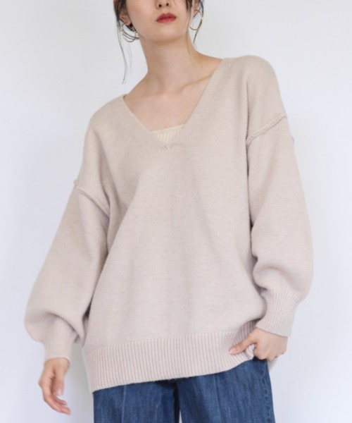 RANAN(ラナン)の「ディープVネックオーバーサイズニット(ニット/セーター・レディース・ブラック/パープル/アイボリー・LL/M/L)」の1枚目の写真