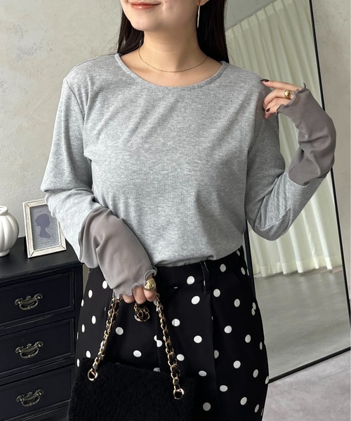 prose verse（プロズヴェール）の「袖シアー切替トップス（Tシャツ/カットソー・レディース・ピンク/グリーン/ブラック/アイボリー/ブラウン/グレー/ブラック系その他/グレー系その他/ベビーピンク/ブルー/イエロー/ネイビー/チャコールグレー/ブラック系その他2/オフホワイト/スカイブルー/ボルドー/グレー系その他2/グレー系その他3/レッド/イエロー系その他・MEDIUM/LARGE）」の9枚目の写真