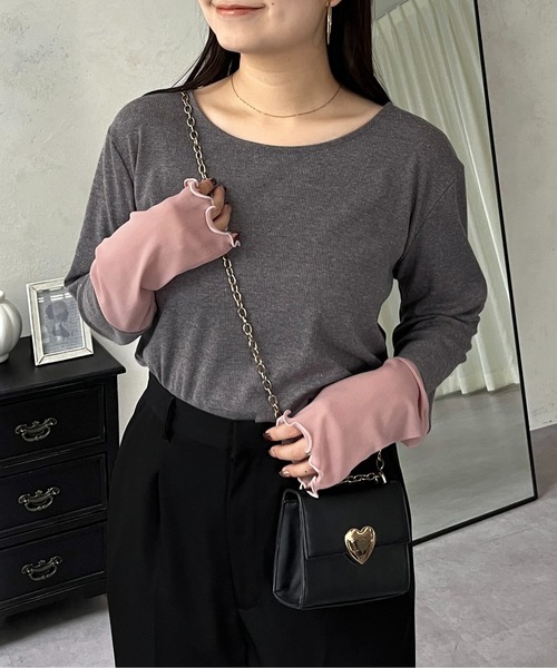 prose verse（プロズヴェール）の「袖シアー切替トップス（Tシャツ/カットソー・レディース・ピンク/グリーン/ブラック/アイボリー/ブラウン/グレー/ブラック系その他/グレー系その他/ベビーピンク/ブルー/イエロー/ネイビー/チャコールグレー/ブラック系その他2/オフホワイト/スカイブルー/ボルドー/グレー系その他2/グレー系その他3/レッド/イエロー系その他・MEDIUM/LARGE）」の10枚目の写真