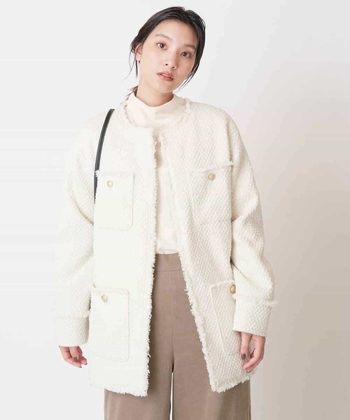 a.v.v（アーヴェヴェ）の「ツイードミドルジャケット（ノーカラージャケット・レディース・ホワイト/ブラック・38/36）」の4枚目の写真